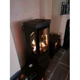 Gazco loft on a tall base. Gas stove with rear exit balanced flue at waveney stoves and Fireplaces showroom 