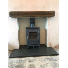 Geocast dark oak effect classic beam which is non combustible. Clearview pioneer 400 5kw stove. Riven slate hearth. 
