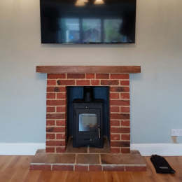 Brick Fireplace, Red Pamments and Oak Mantel